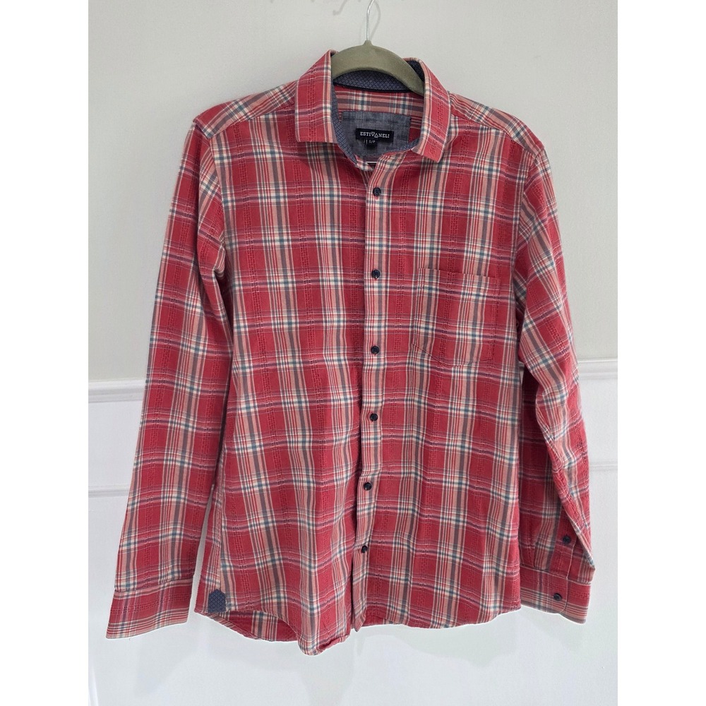 Estivaneli‎ Mens Red Plaid Long Sleeve Button Down Cotton Shirt Small S/P